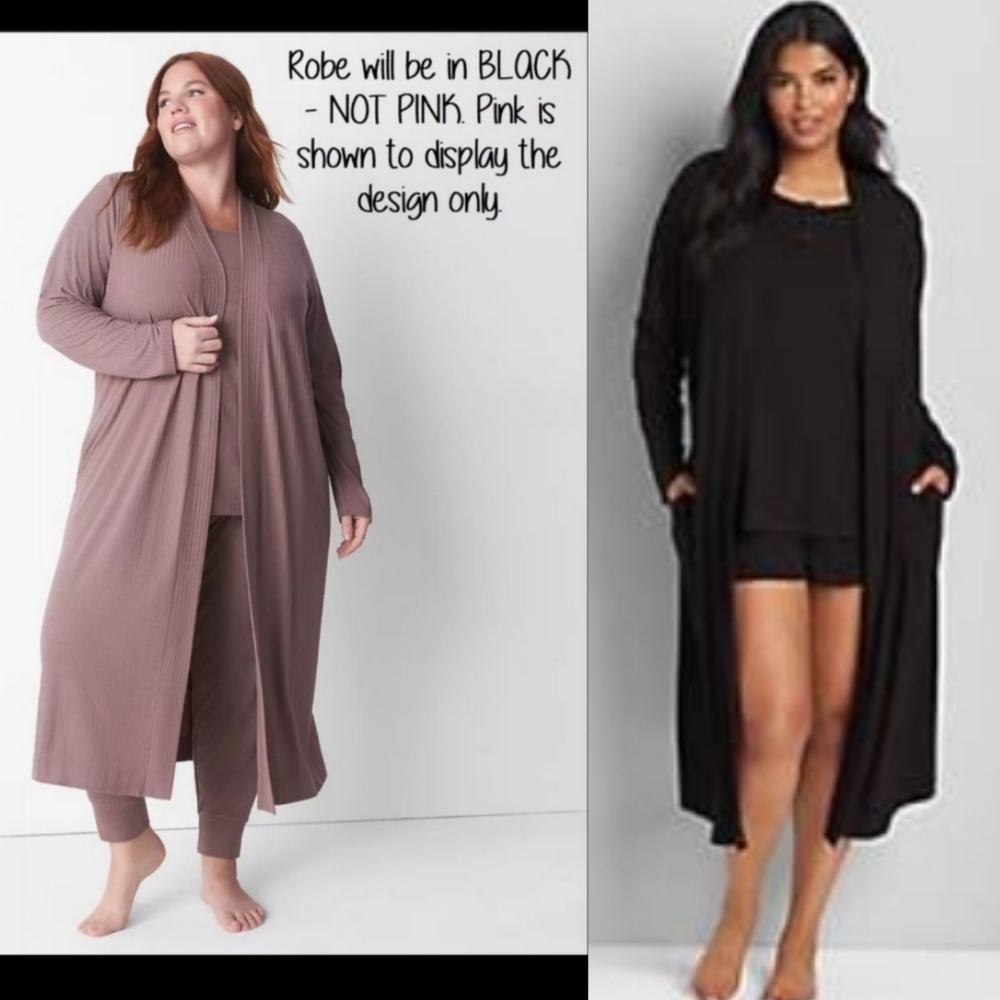 NEW LANE BRYANT BLACK Ribbed Midi Lounge Robe 26 28 4X